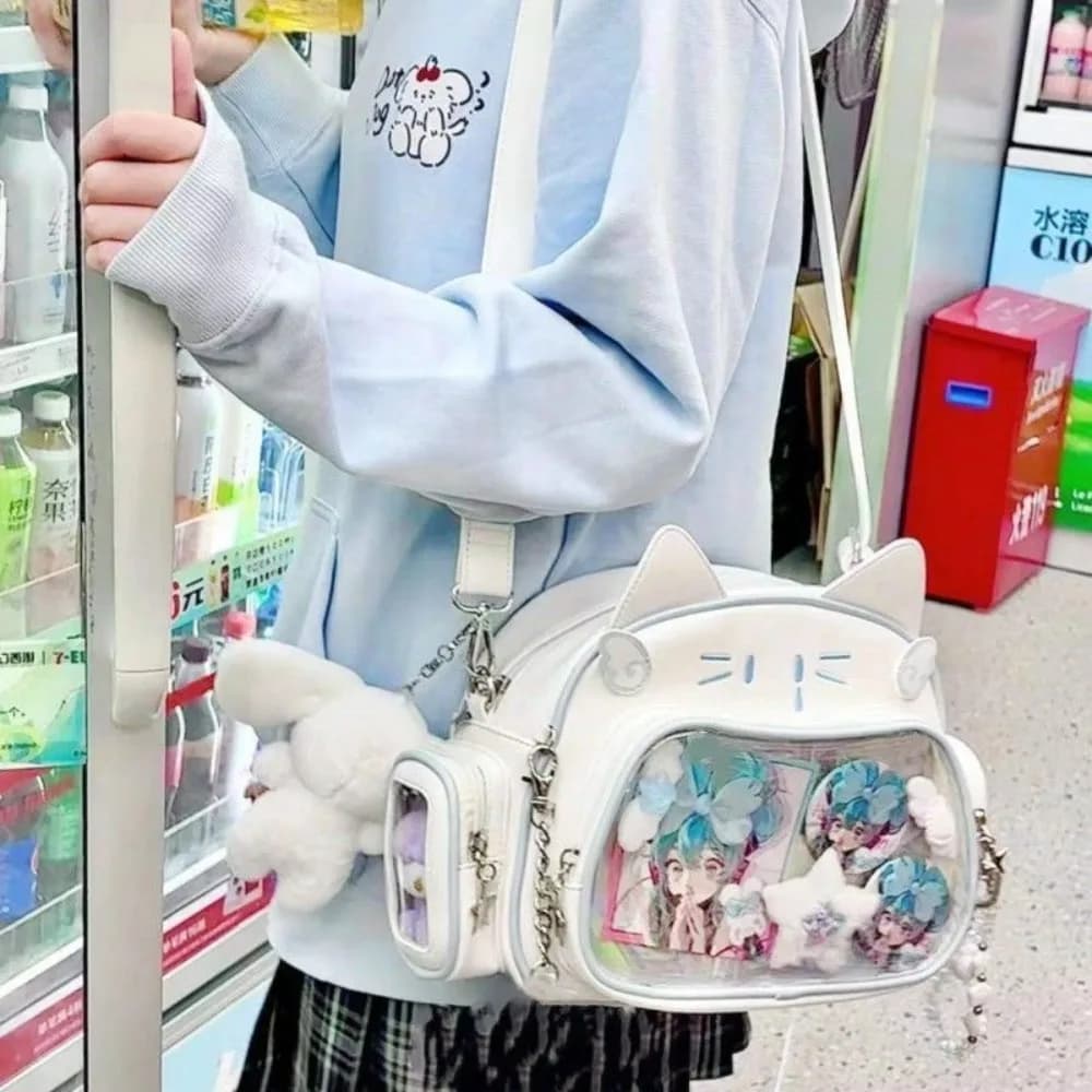 Y2K Korean Kawaii Cat Lolita Bag Cute PU Shoulder Bag Girls Transparent Pocket Harajuku Crossbody Bag Women's Fashion Backpacks