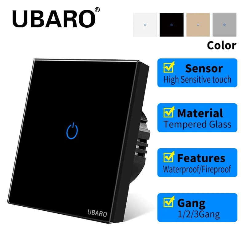 UBARO Eu Wall Touch Switch Luxury Glass Panel Led Indicator Power Light Sensor Button Live Wire Control Switches 1/2/3 Gang