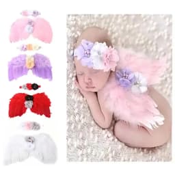 2pcs/set Cute Newborn Angel Feather Wings with Baby Girl Rose Flower Headband Hair Accessories for Infant Photography Props