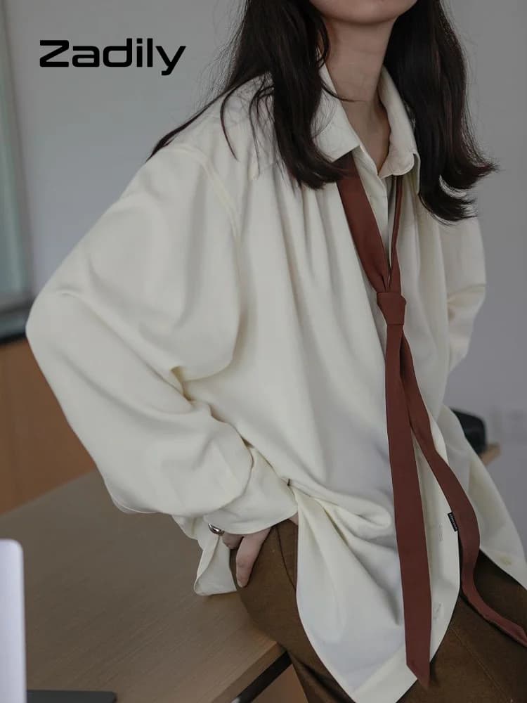 2026 Autumn Women's Oversized Long Sleeve Blouse 2026 Summer New Arrival Tie Neck Shirt Loose Fit Office Elegant Fashion