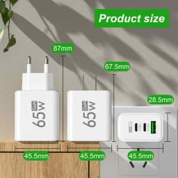 65W GaN USB C Fast Charger 3 Ports PD3.0 QC3.0 Mobile Phone Wall Adapter for iPhone 16 15 17 Samsung Xiaomi Huawei EU US KR Plug