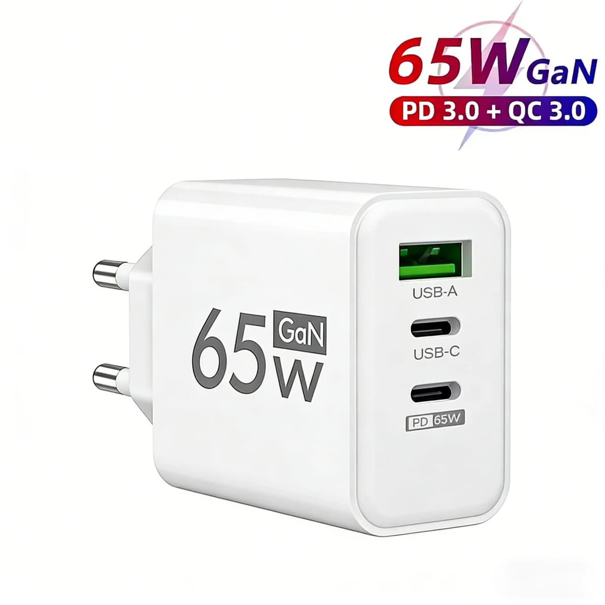 65W GaN USB C Fast Charger 3 Ports PD3.0 QC3.0 Mobile Phone Wall Adapter for iPhone 16 15 17 Samsung Xiaomi Huawei EU US KR Plug