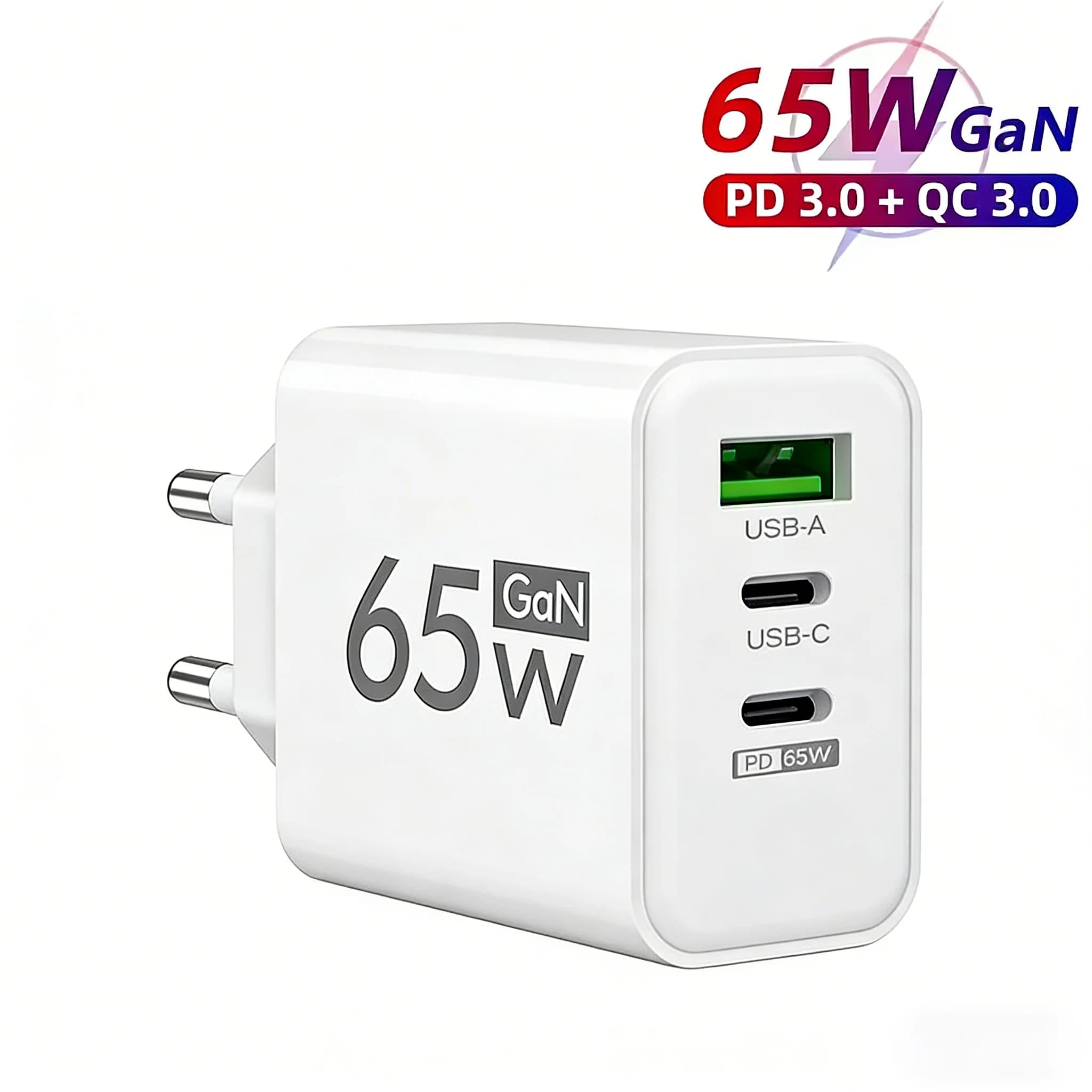 65W GaN USB C Fast Charger 3 Ports PD3.0 QC3.0 Mobile Phone Wall Adapter for iPhone 16 15 17 Samsung Xiaomi Huawei EU US KR Plug
