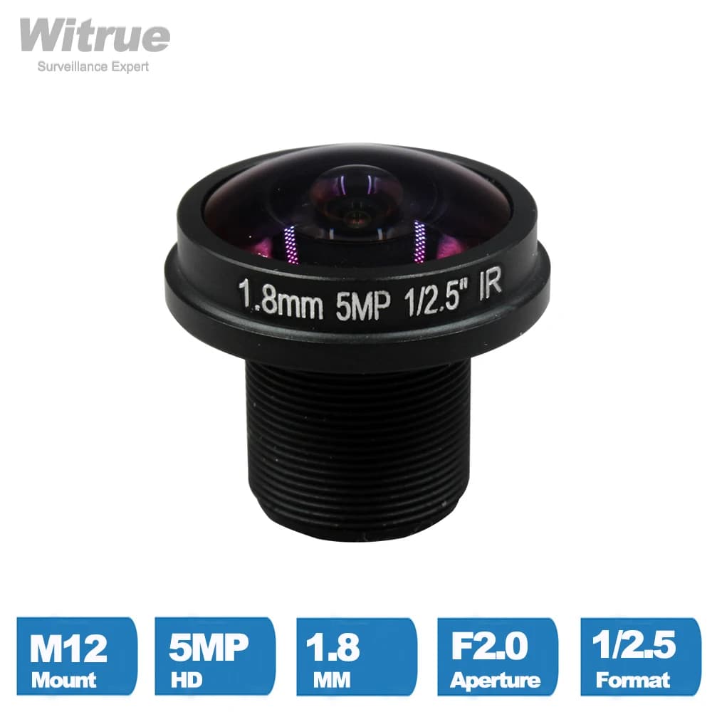 Witrue Camera Lens CCTV HD 5MP Fisheye 1.8mm M12 180 Degree Wide Viewing Angle F2.0 1/2.5' For Surveillance Security Cameras