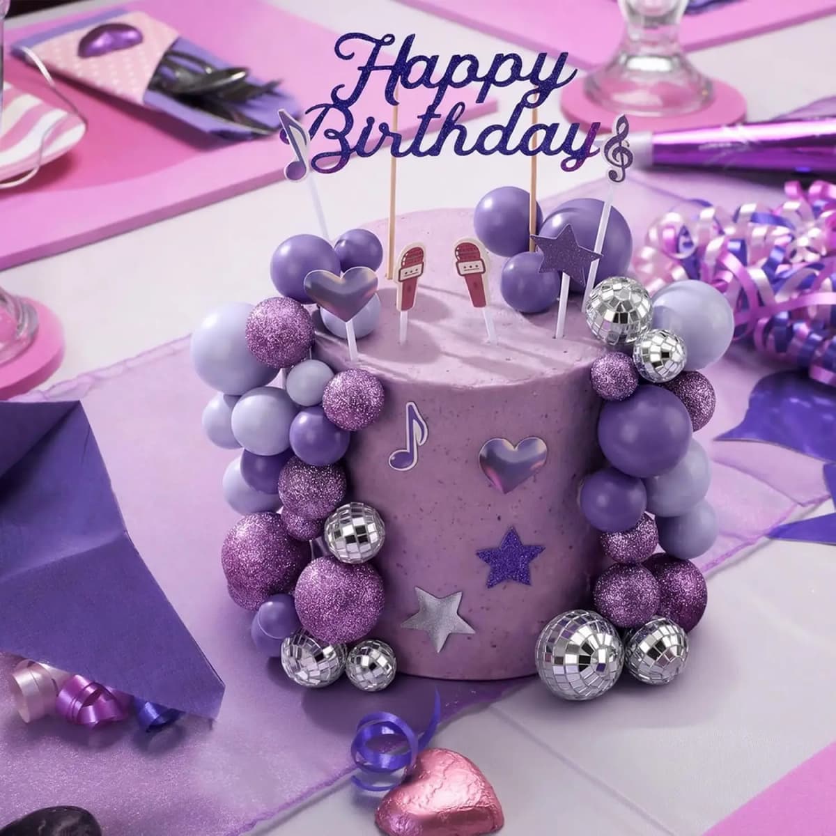 Sparkle K-Pop Birthday Cake Decor: Purple Disco Balls, Musical Notes & Glitter Stars – Party Supplies for Fans