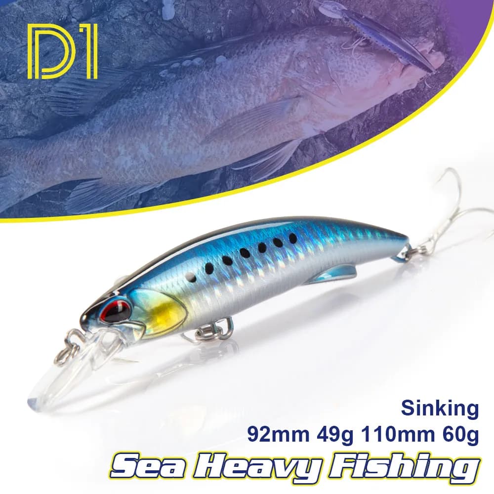 D1 Sea Minnow Heavy Sinking Lure 92mm 49g 110mm 60g Rocks & Beach Hard Bait Tuna Wobblers Carp Pike With Treble Hooks DT5005