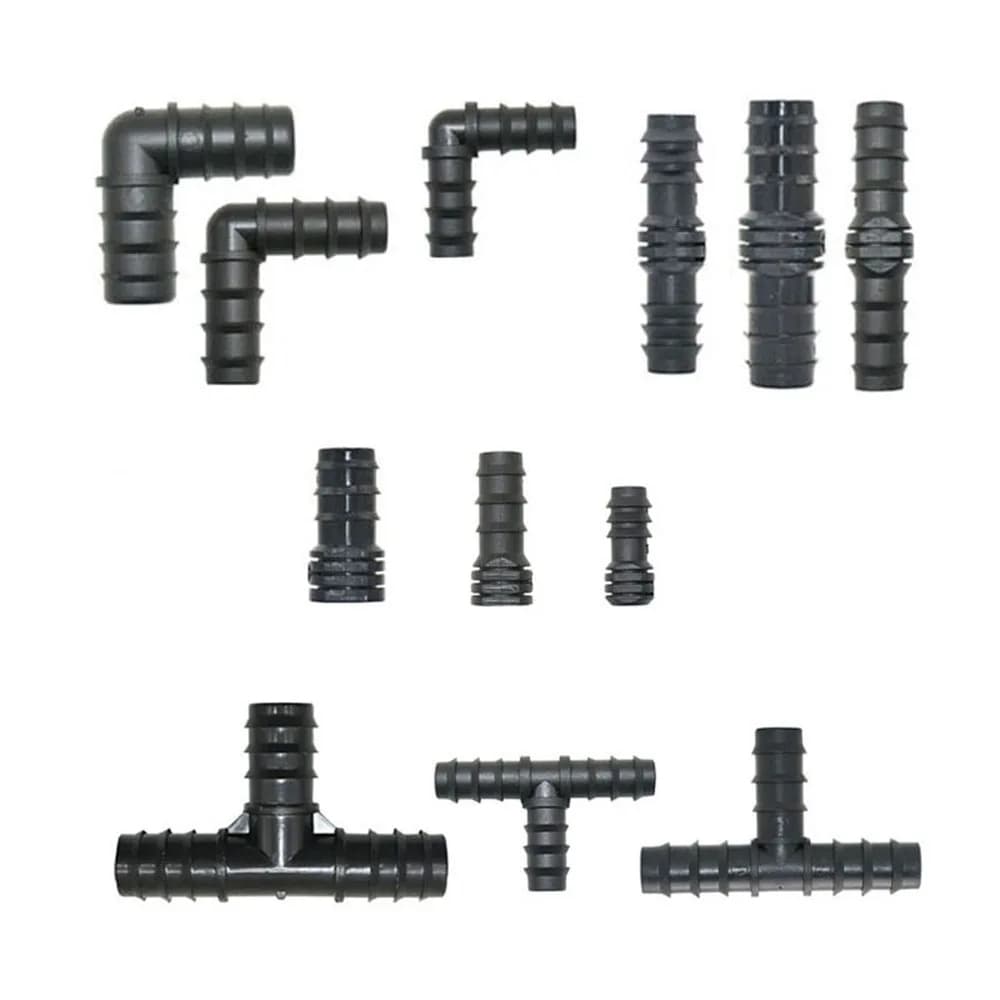 16mm 20mm 25mm PE Pipe Barb Connectors Tee Elbow Repair End Plug 1/2 3/4" Garden Water Drip Irrigation Pipe Connector Joints 4PC