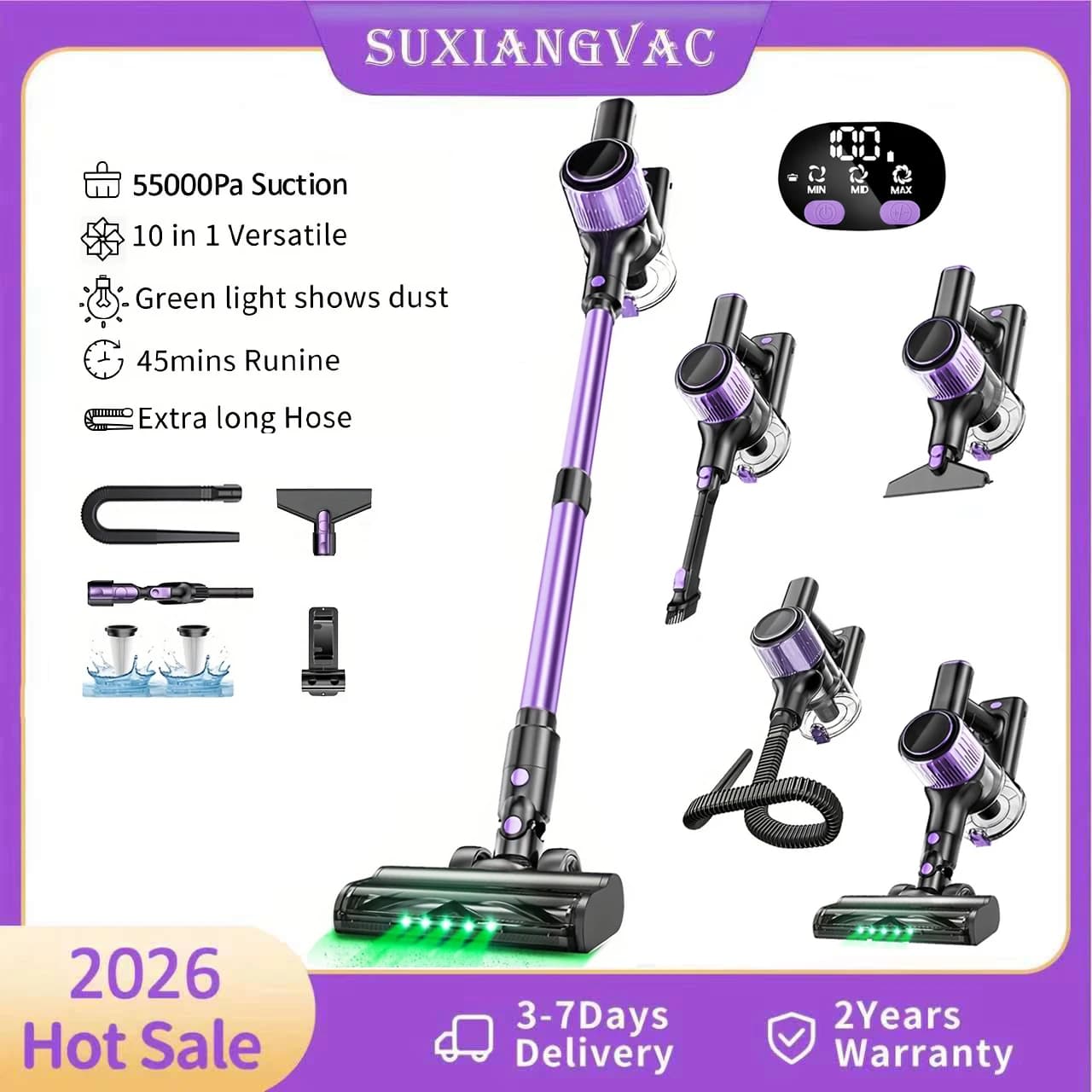 Cordless Vacuum Cleaner, 55Kpa/500W/45min 10 in 1 Powerful Stick Lightweight Vacuum Cleaner for Home Pet Hair/Hard Floor/Carpet