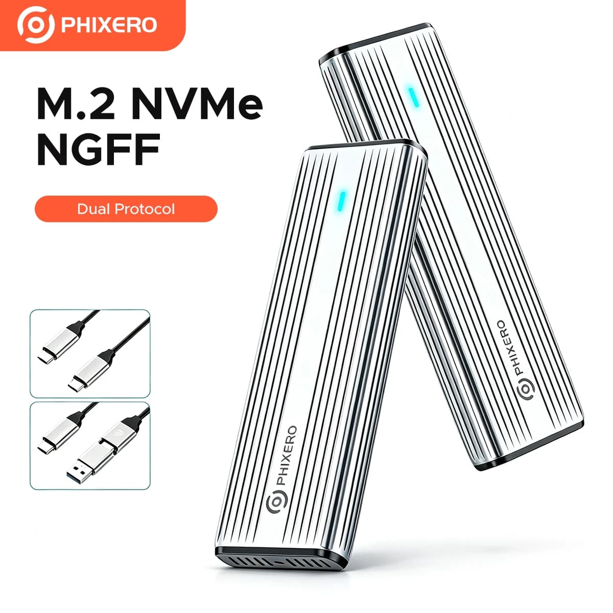 PHIXERO SSD Case NVMe SATA M.2 to USB Type C SSD Enclosure Dual Portocol NVMe to USB Adapter 10Gbps USB 3.1 Gen2 USB C External