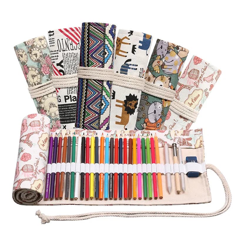 12/24/36/48/72 Hole Colorful Cloth Pencil Case Antique Aesthetics Stationery Cosmetic Pencil Storage Bag Stationery Box 050045