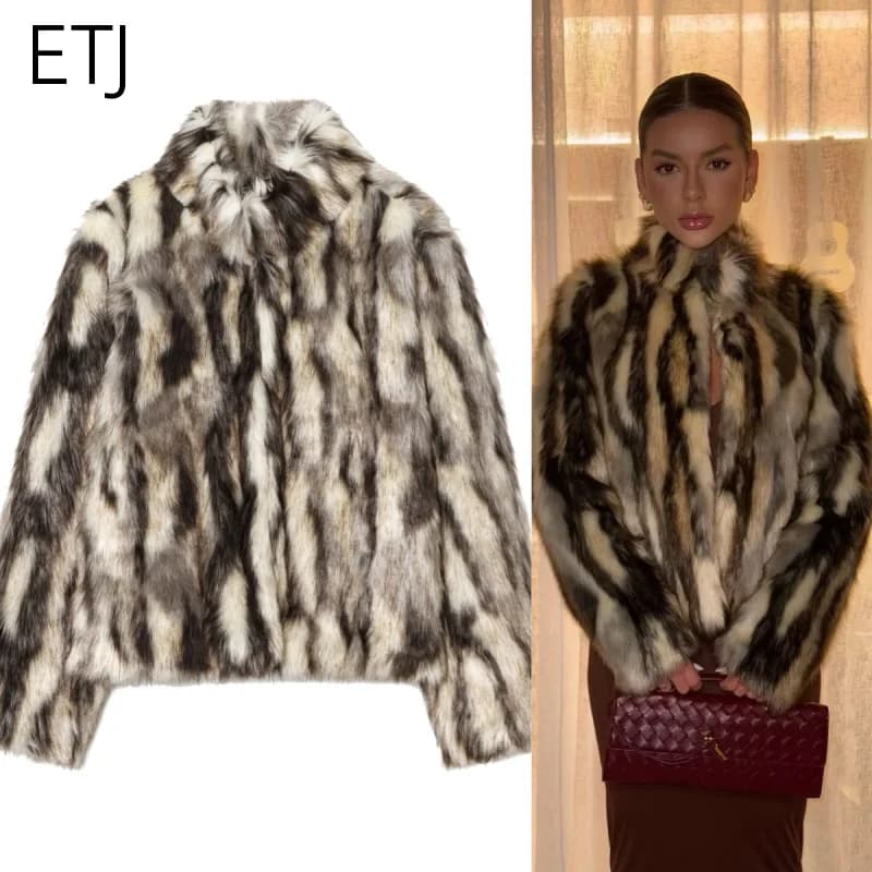 ETJ 2025 winter women's new fashion animal print natural color imitation fur standing collar jacket warm short coat