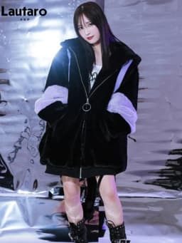 Lautaro Autumn Winter Oversized Color Block Faux Fur Coat Women Harajuku Kawaii Sweet Cute Fluffy Jacket Hoodie with Bunny Ears