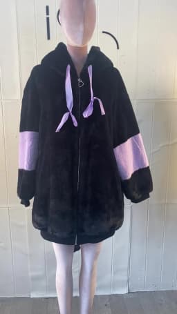 Lautaro Autumn Winter Oversized Color Block Faux Fur Coat Women Harajuku Kawaii Sweet Cute Fluffy Jacket Hoodie with Bunny Ears