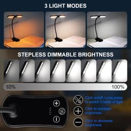 Dual Heads 14 LED Touch Control Reading Light with 3 Colors&8 Brightness USB Rechargeable Eye Care Book Light Clip on Book/Desk