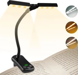 Dual Heads 14 LED Touch Control Reading Light with 3 Colors&8 Brightness USB Rechargeable Eye Care Book Light Clip on Book/Desk