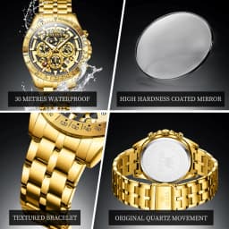 OLEVS Lxuxry Brand Gold Men's Watches Full Skeleton Stainless Steel Chronograph Wristwatch Waterproof Luminous Quartz Watch Men