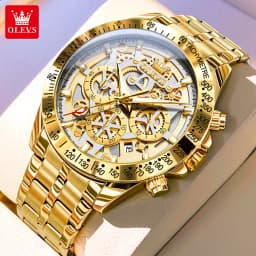 OLEVS Lxuxry Brand Gold Men's Watches Full Skeleton Stainless Steel Chronograph Wristwatch Waterproof Luminous Quartz Watch Men