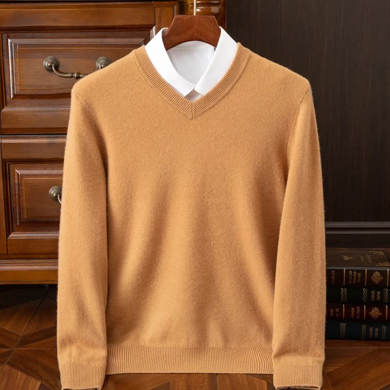 2025 Men's 100% Merino Wool Cashmere V-neck Sweater Pullover Smart Casual Basic Long Sleeve Knitwear Clothes Tops Autumn Winter