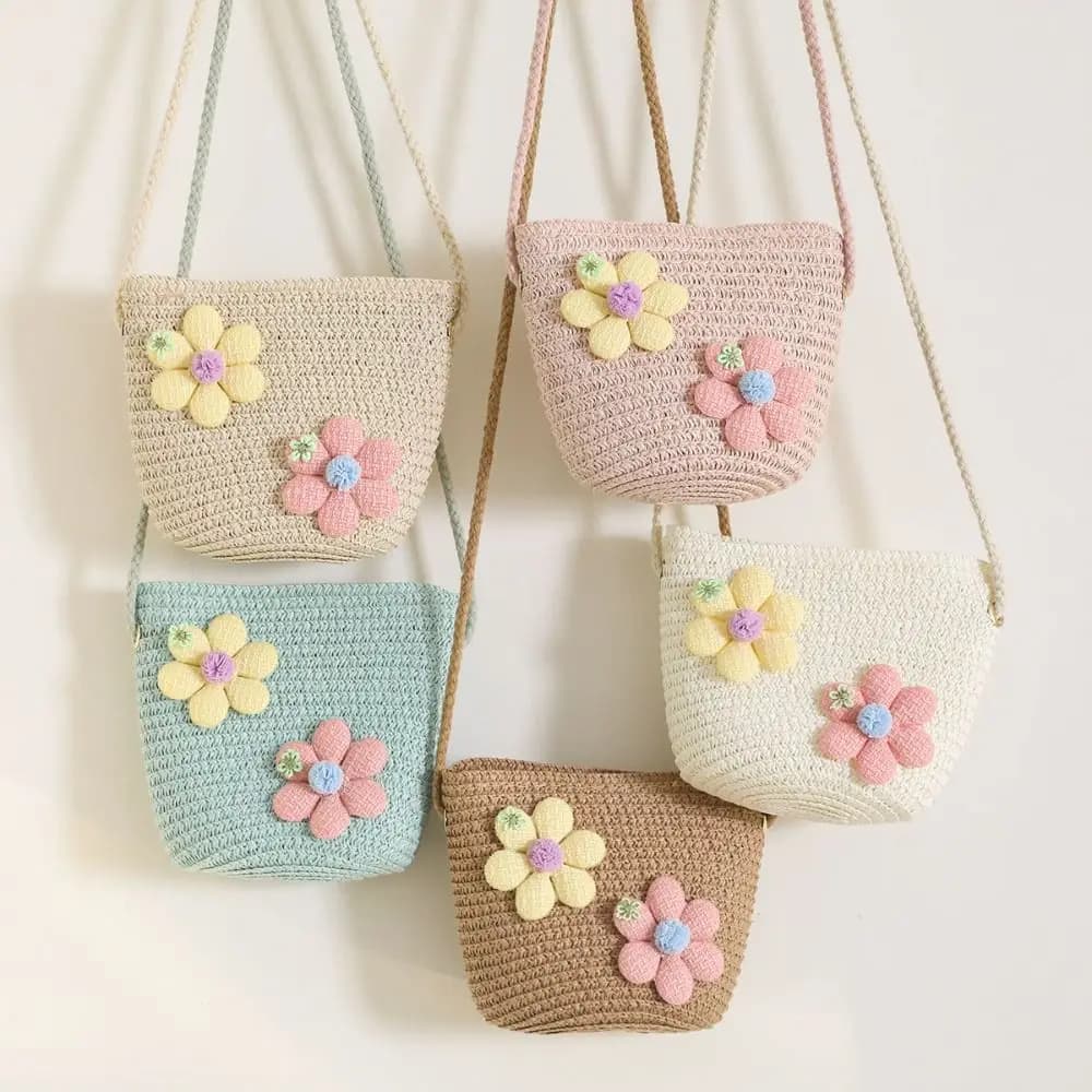 Handmade Woven Girl Flower Straw Bag Coin Purse Zipper Kid Messenger Bags Photo Props Storage Basket Crossbody Handbag
