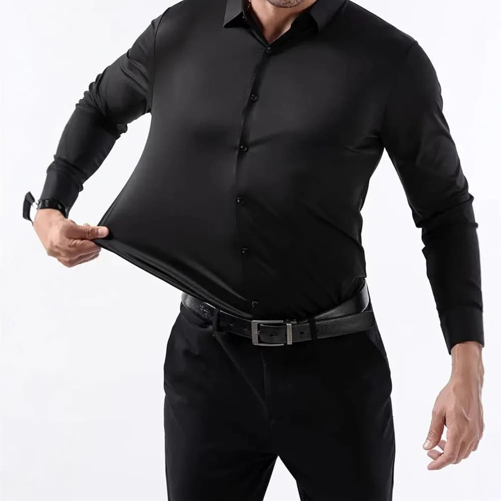New Design Men's Solid Shirt Long Sleeve Autumn High Elasticity Casual Wrinkle Free No ironing Business Formal White Blue Social