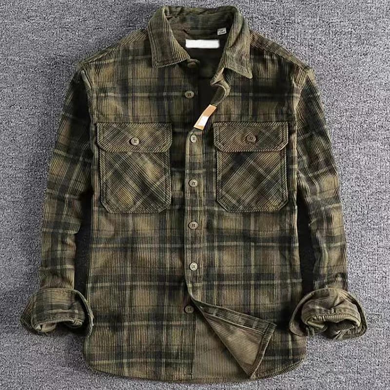 Spring Autumn Men's Plaid Long Sleeve Shirt Japanese Vintage Fashion Comfortable Corduroy Artistic Trendy Classic Shirts Tops