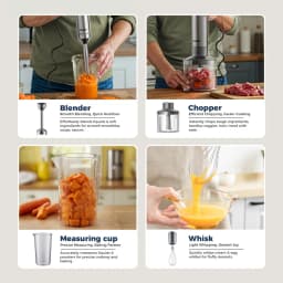 ROUNY 4-in-1 Hand Immersion Blender 1000W Powerful, Stainless Steel Stick Food Mixer,700ml Mixing Beaker,500ml Processor, Whisk