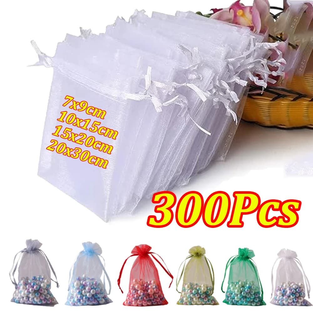 50-300Pcs Organza Gift Bag Sheer Mesh Bags Drawstring Jewelry Bag 7*9 10*15 15*20 20*30cm Christmas Wedding Party Pouches