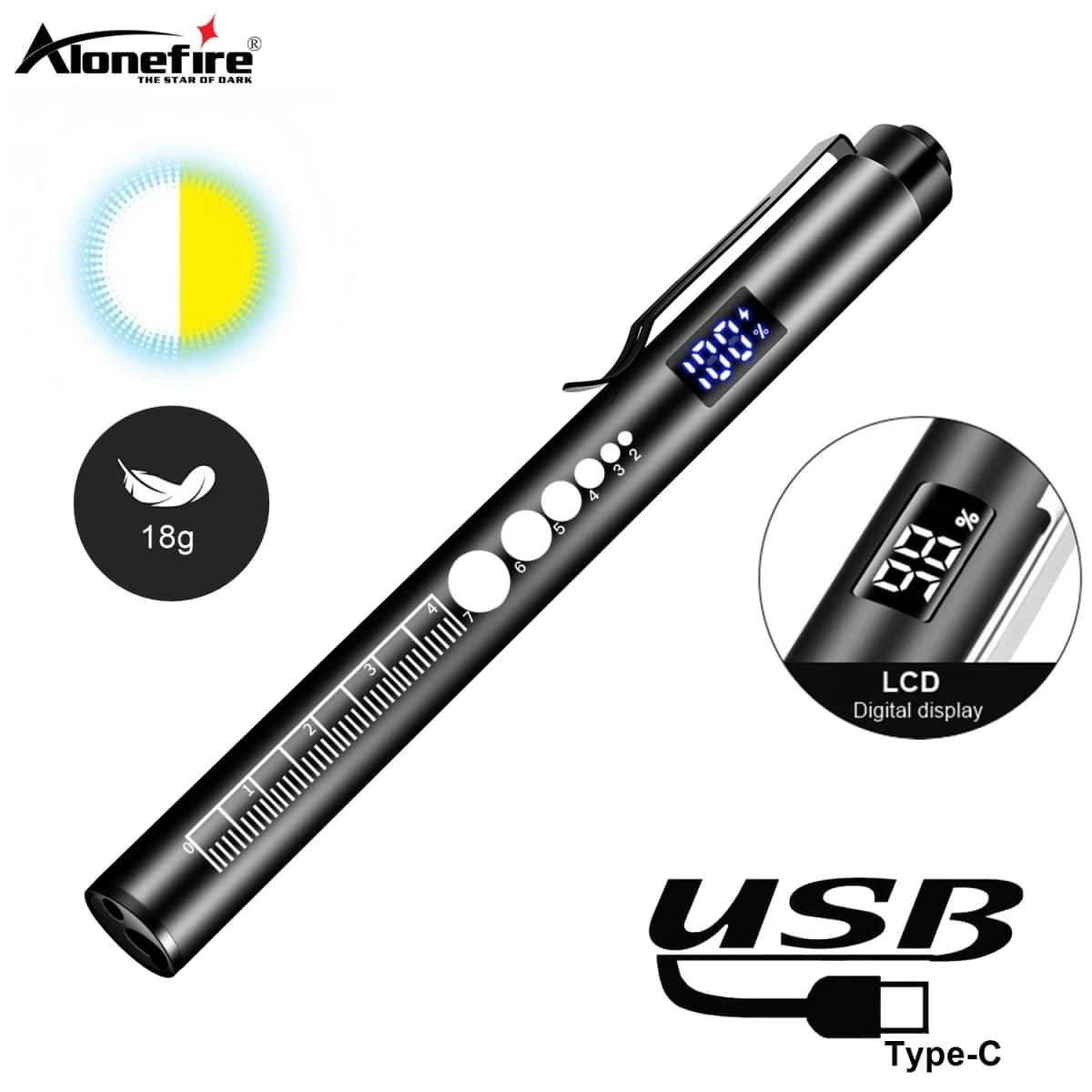 LCD 2-in-1 LED Mini White/Yellow Pen Light Flashlight USB Rechargeable Eyes Pupil Lamp Camping Child Emergency Lighting Torch