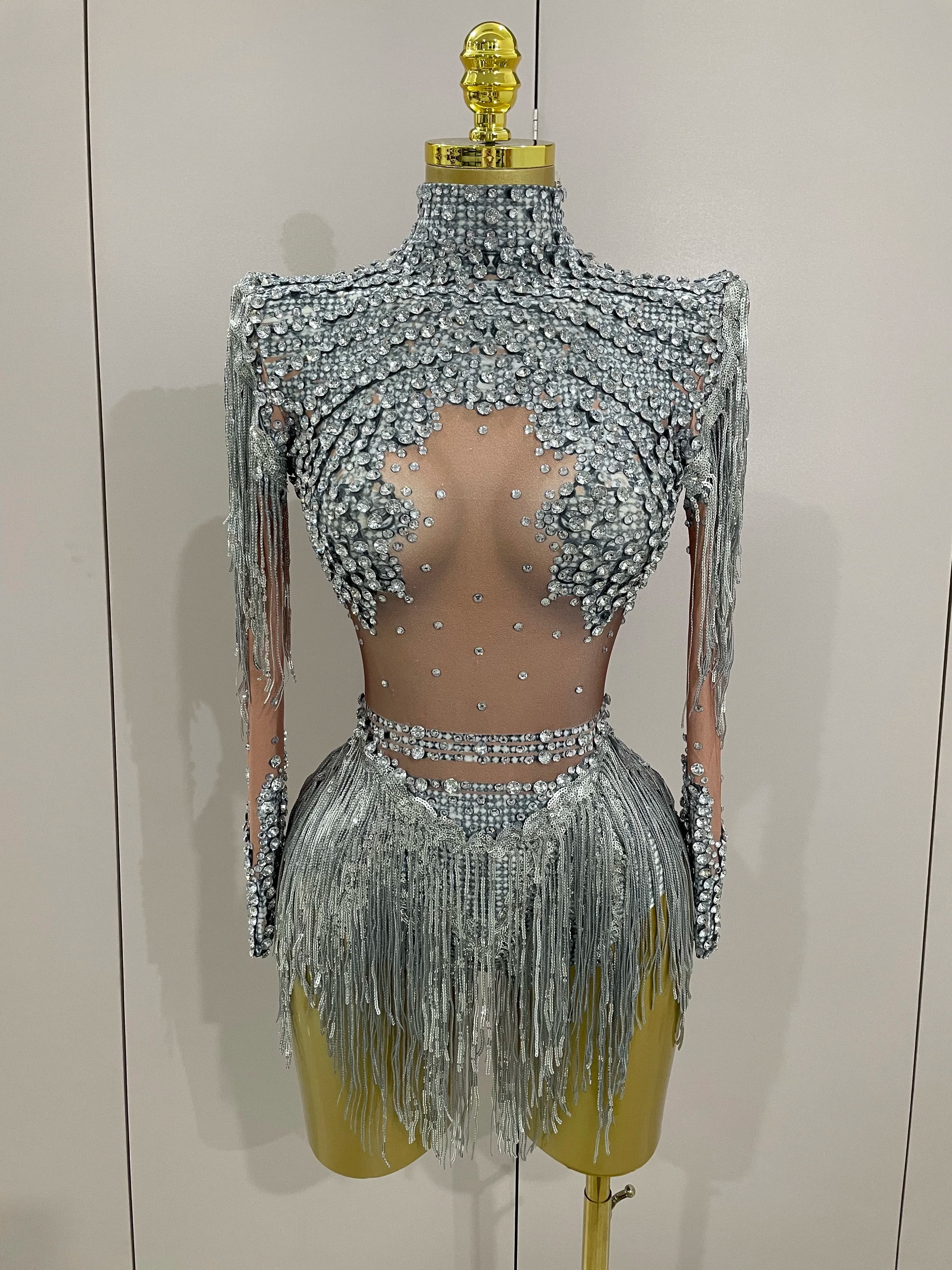 Women Sparkly Rhinestone Sequin Tassel Stretch Bodysuits 2025 New Arrival Birthday Party Nightclub Dj Stage Performance Costume