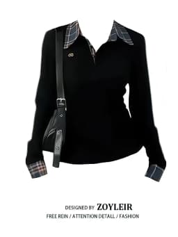 Preppy Polo Neck Plaid Long Sleeve Layered T Shirt Women Fake Two-piece Basic Top V Neck Button Blouses Tees Embroidery