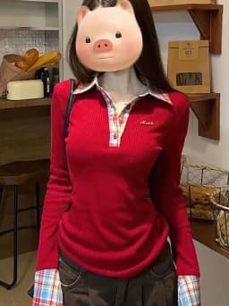 Preppy Polo Neck Plaid Long Sleeve Layered T Shirt Women Fake Two-piece Basic Top V Neck Button Blouses Tees Embroidery