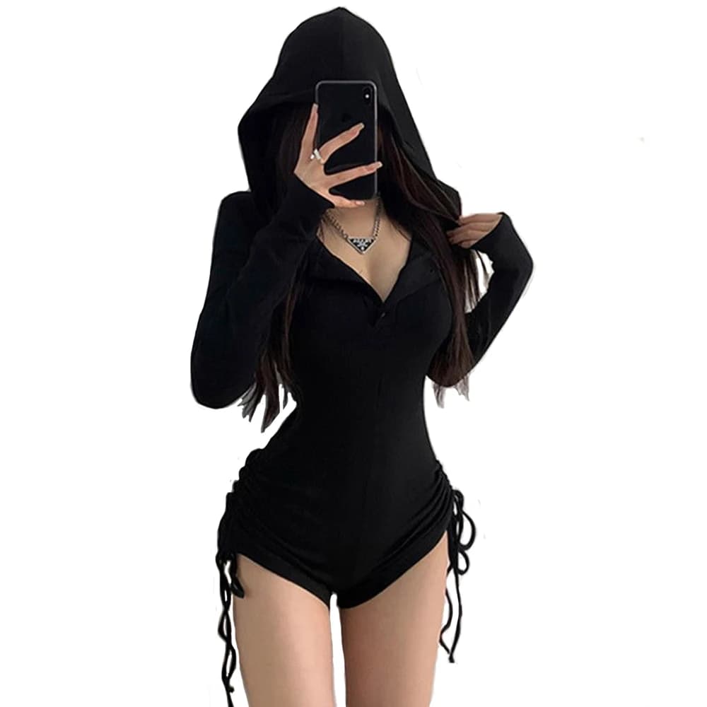 Women's Jumpsuits Y2k Shorts Playsuits 90s Vintage Slim Casual Sexy Bodysuits Long Sleeves Aesthetic Punk Korea Hooded With Hat