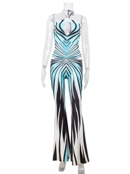 Ahagaga Fashion Printed Women Jumpsuits Halter Bandage Hollow Out Striped Skinny Flare Pants Sexy Streetwear Rompers Female