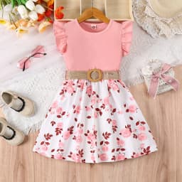 Girl's casual romantic floral print with ruffled edges and small flying sleeves, waist cinching dress (including belt), summer