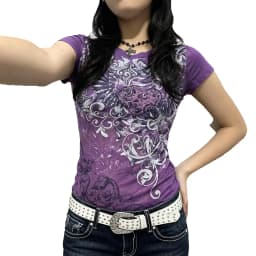 Women's Subculture Vintage Purple Print T-shirts American Street Hottie Slim Tees Fashion Y2K Punk Aesthetic Tops Chic Clothing