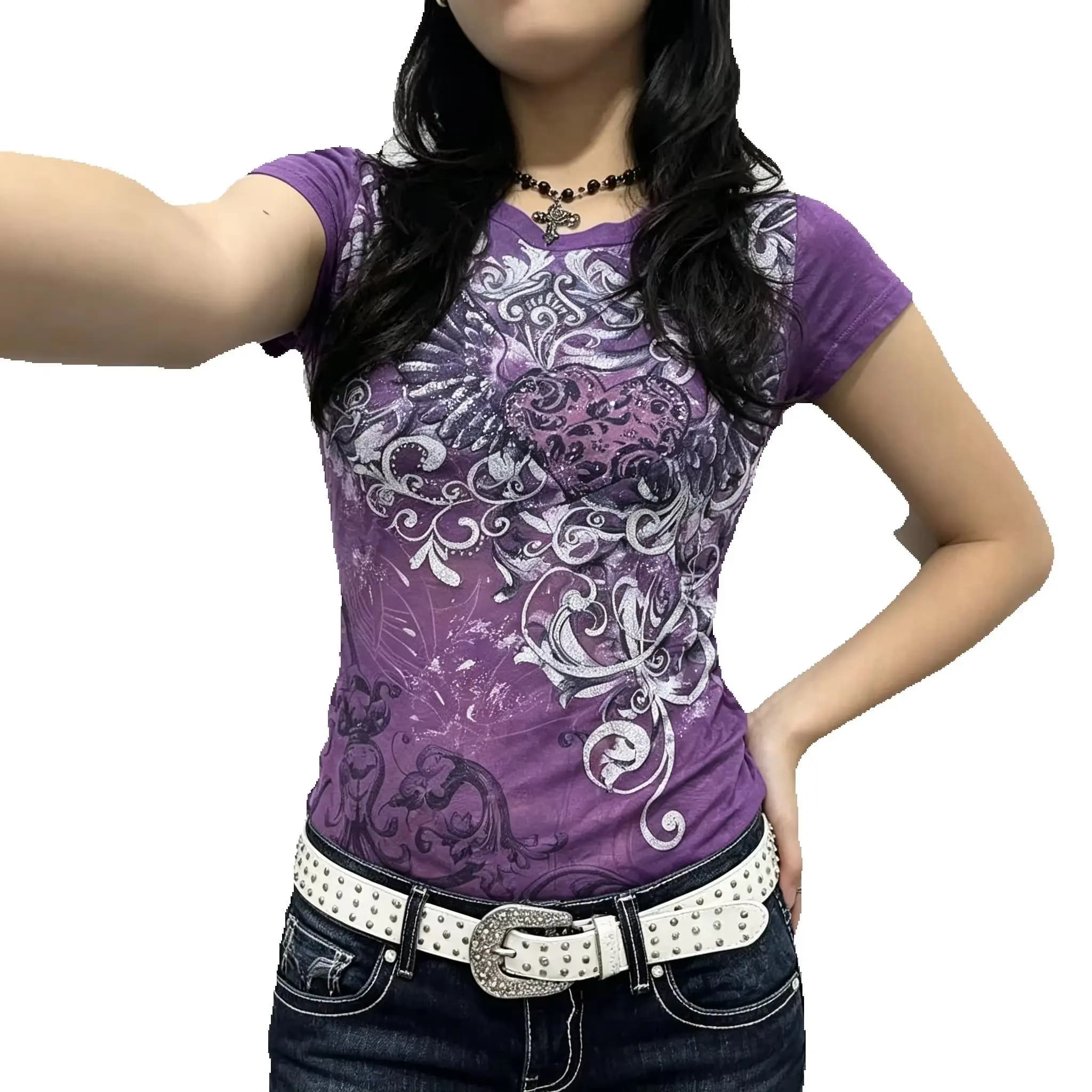 Women's Subculture Vintage Purple Print T-shirts American Street Hottie Slim Tees Fashion Y2K Punk Aesthetic Tops Chic Clothing