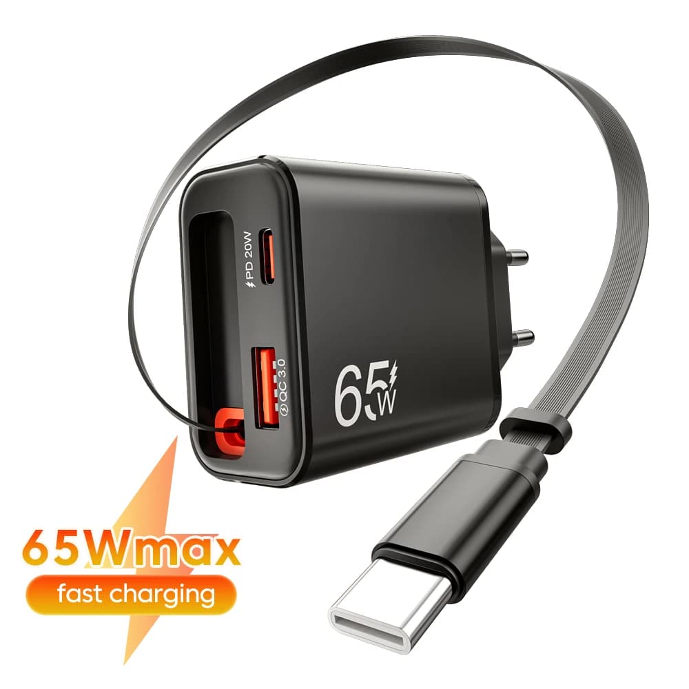 65W GaN Super Fast Charger Type C EU US UK Plug Retractable USB C Cable For iPhone15 16 17 Pro Xiaomi Samsung POCO Huawei Realme