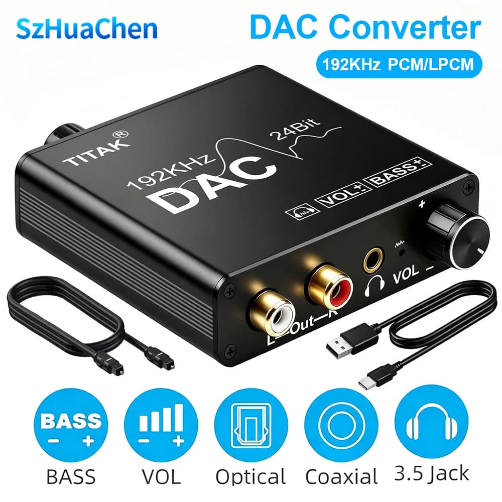 192KHz/24Bit DAC Digital to Analog Audio Converter Digital SPDIF Optical Toslink Coaxial to Analog Stereo L/R RCA and 3.5mm Jack