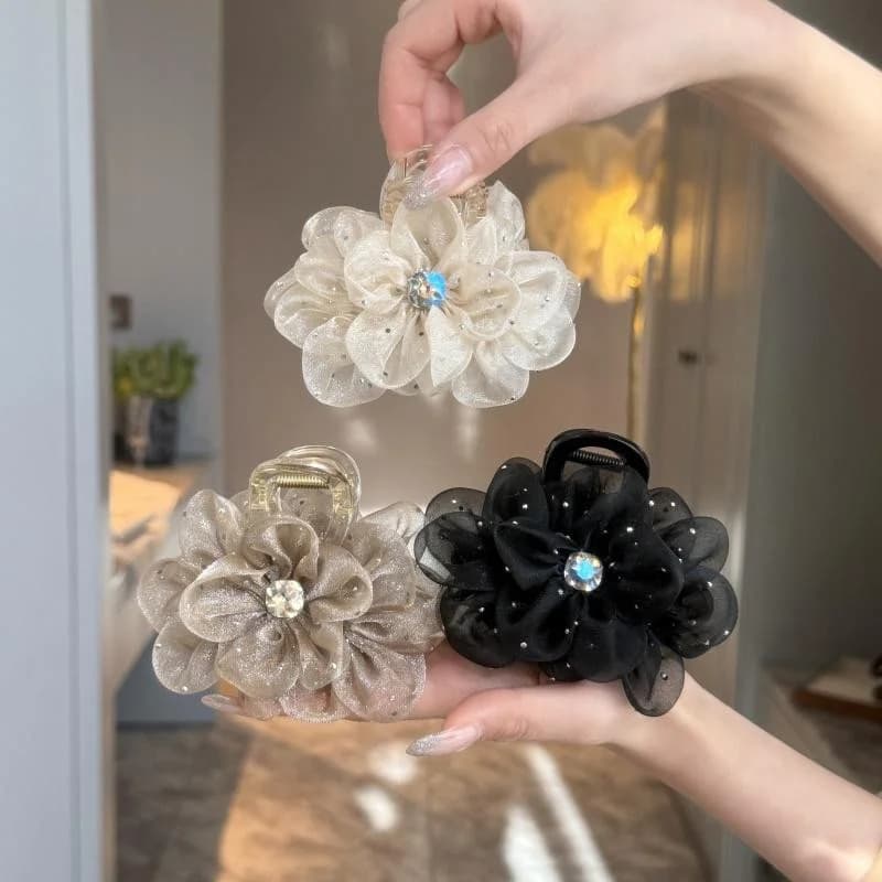 1/2/3pcs Elegant Mesh Flower Rhinestone Hair Clip for Woman Korean Style  Shark Clip Fashion Girl Ponytail Clip Hair Clamp