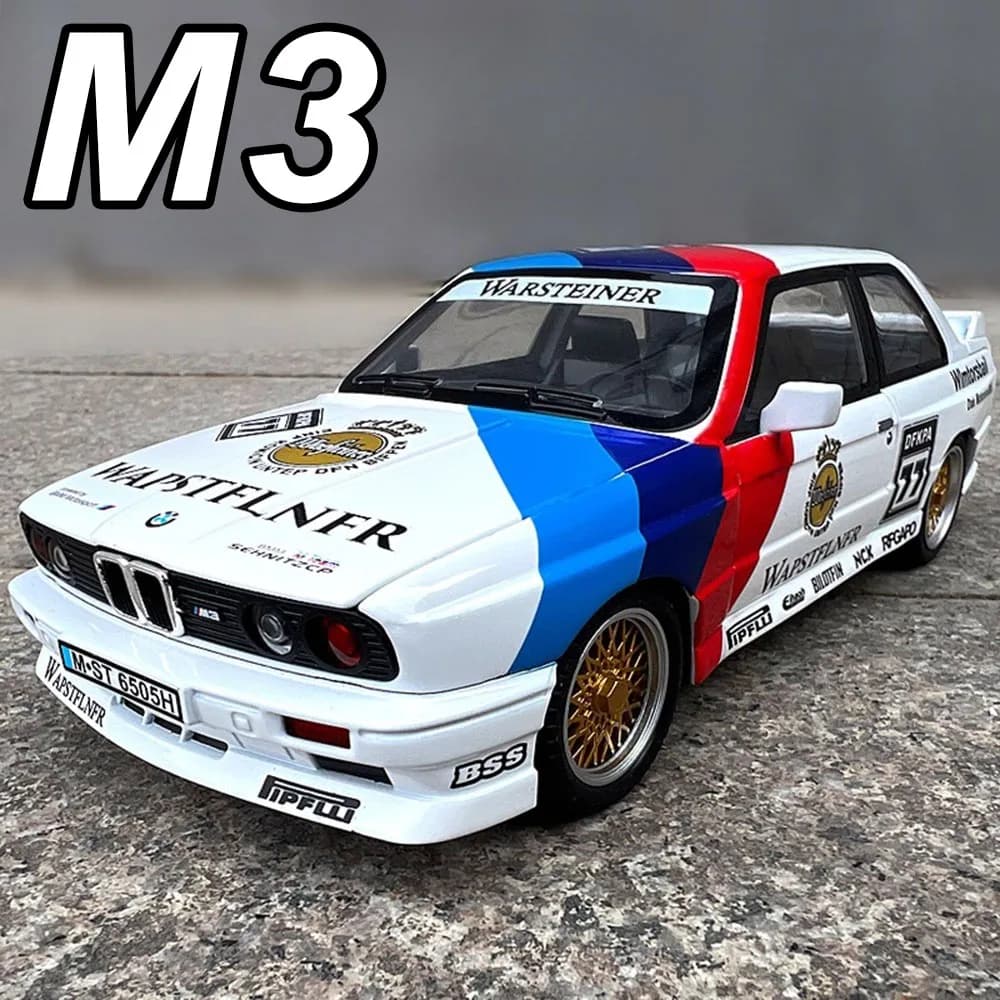1:24 M3 GTR M4 Alloy Miniature Model Toy Diecast Cars Front Wheel Steering Doors Opened Sound Light Collect Models for Boy Gifts