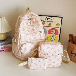 3 Pcs/Set Korean Fashion Bow Print Women Fashion Backpack Lightweight Simple Student School Bag Adjustable Strap Travel Backpack