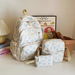 3 Pcs/Set Korean Fashion Bow Print Women Fashion Backpack Lightweight Simple Student School Bag Adjustable Strap Travel Backpack