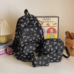 3 Pcs/Set Korean Fashion Bow Print Women Fashion Backpack Lightweight Simple Student School Bag Adjustable Strap Travel Backpack