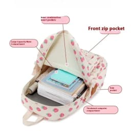 3pcs Corduroy College Backpack with Lunch Bag Pencil Case Cute Girl School Strawberry Print Bookbag Daypack Set for Teens Women