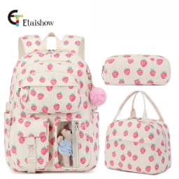 3pcs Corduroy College Backpack with Lunch Bag Pencil Case Cute Girl School Strawberry Print Bookbag Daypack Set for Teens Women