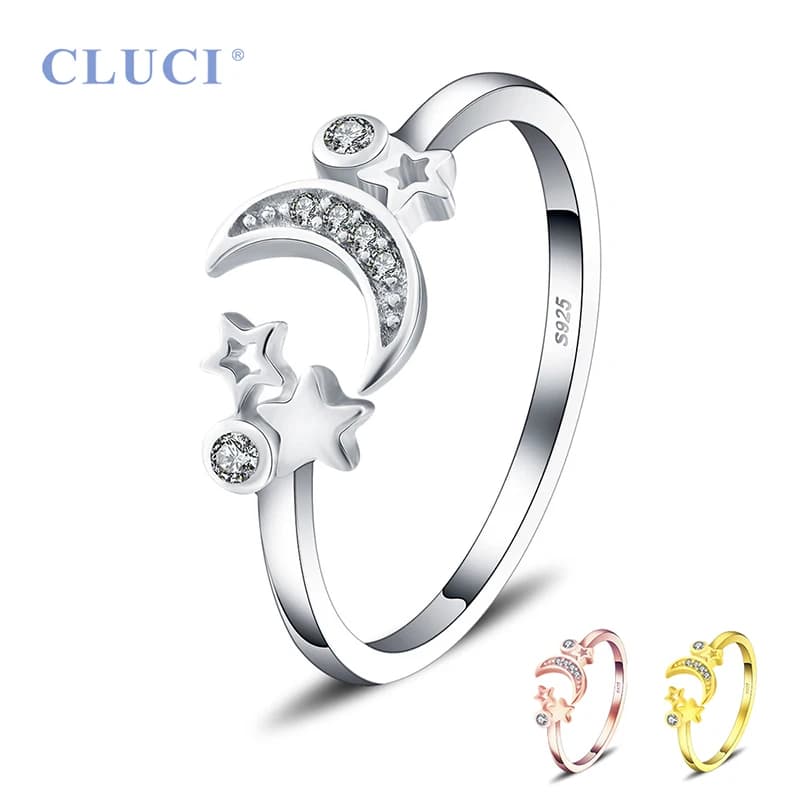 CLUCI Adjustable Women Silver 925 Ring Jewelry SImple Fashion Star and Moon Open Rings DR2001SB