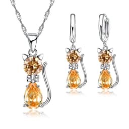 Hot Fashion Silver CZ Jewelry Sets 925 Silver  Cute Cat Shaped Necklace Hoop Earring Set For Women/girls Gifts