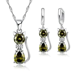 Hot Fashion Silver CZ Jewelry Sets 925 Silver  Cute Cat Shaped Necklace Hoop Earring Set For Women/girls Gifts