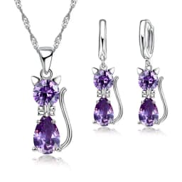 Hot Fashion Silver CZ Jewelry Sets 925 Silver  Cute Cat Shaped Necklace Hoop Earring Set For Women/girls Gifts