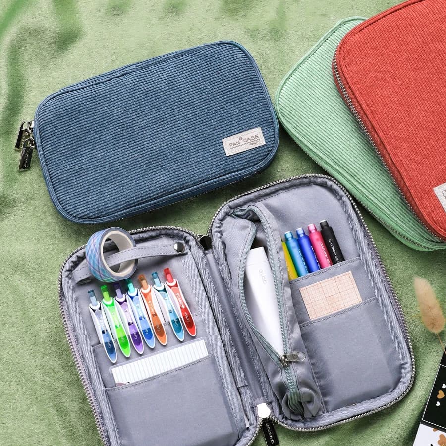 Kokuyo Corduroy Pan Case Flat Open Multi Pocket Pen Pencil Bag Storage Pouch Handbag F7025